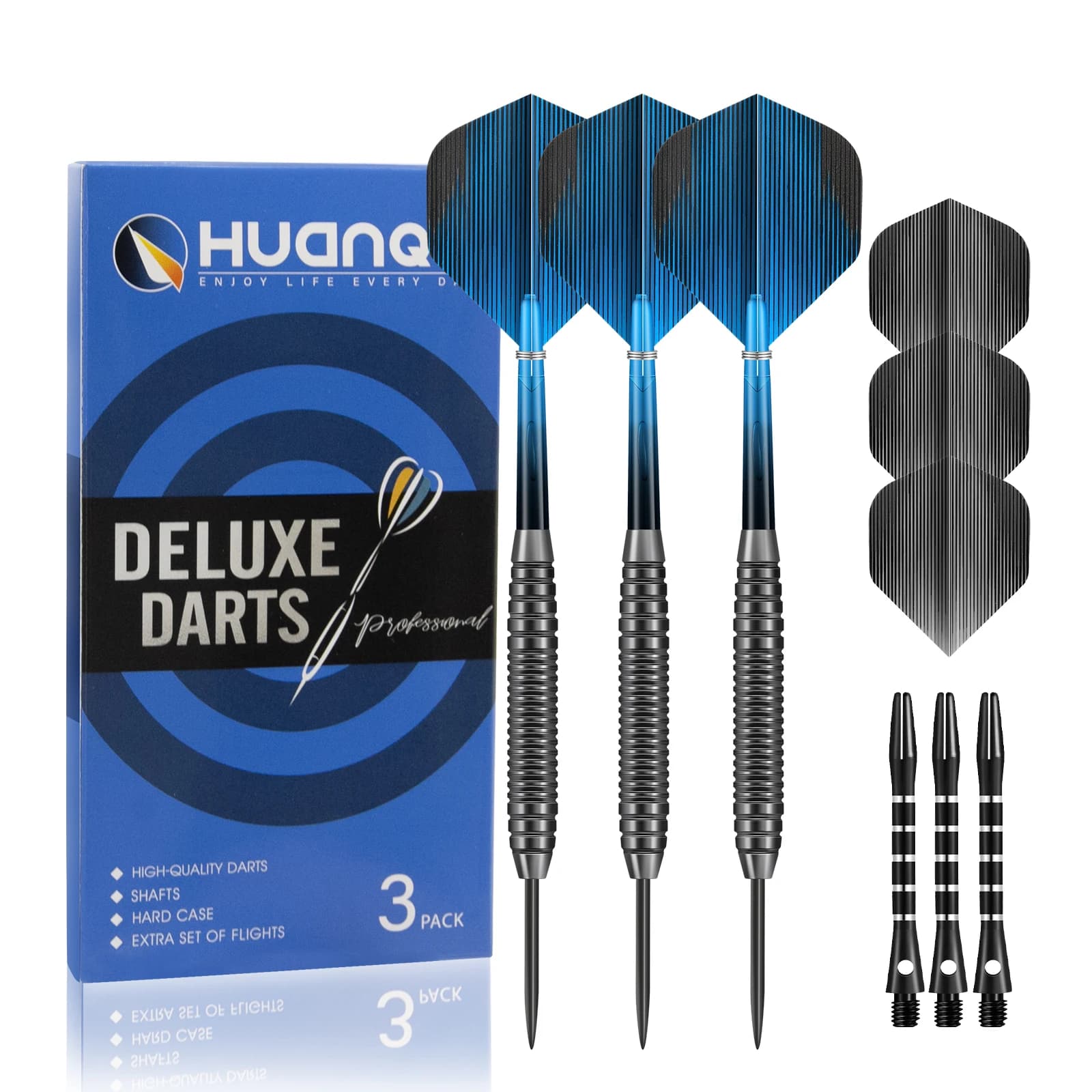 Huanqu 18g Iron Hard-Tip Dart Set, Equipped with Spare Dart Shafts, Dart Flights, Sharpening Stone, and Storage Box, Professional Dart Competition and Training Set, Suitable for Adult Practice, Dart Sports, Competitive Games, and Family Entertainment, Ideal for Beginners and Dart Enthusiasts, and Also a Great Holiday Gift.