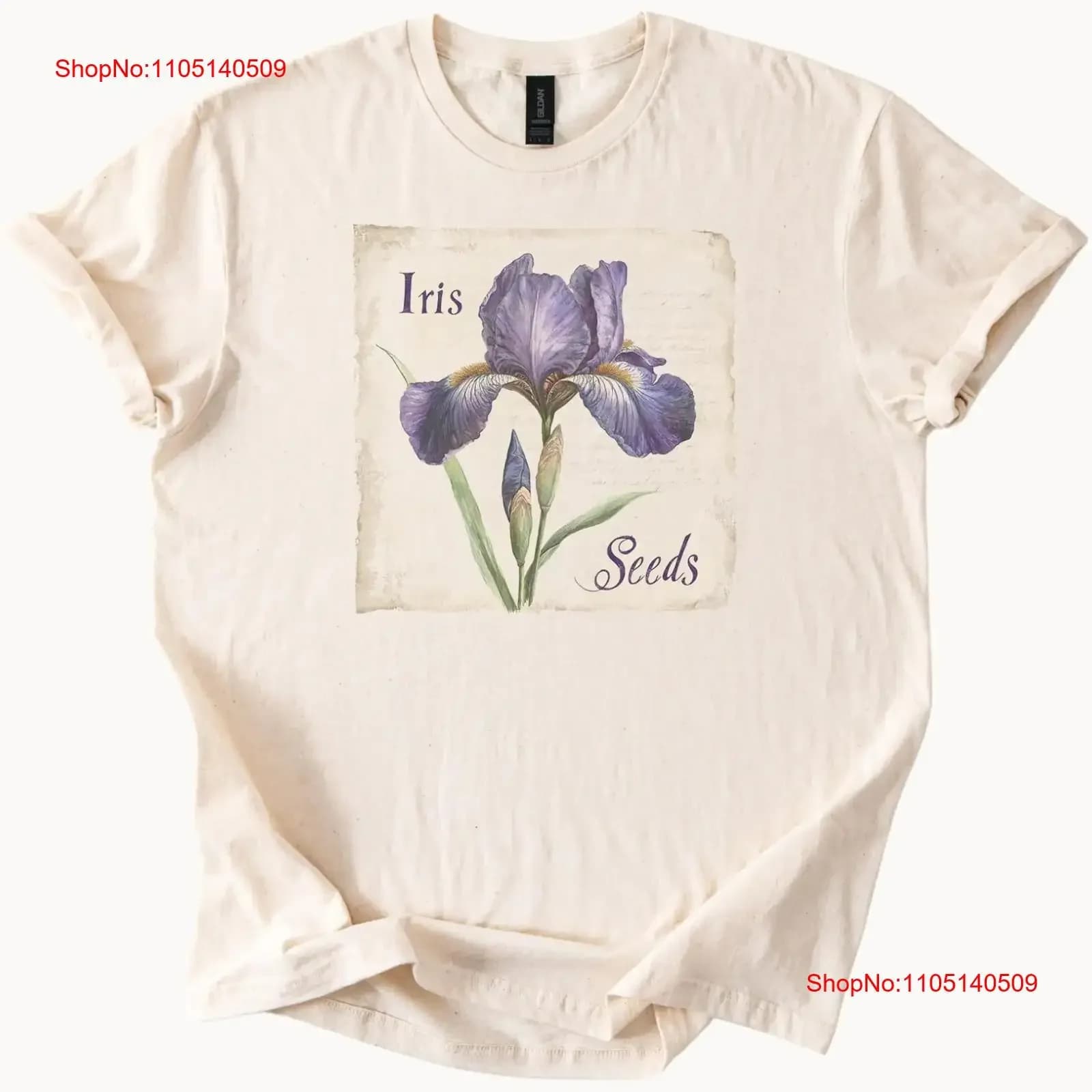 T-shirt Iris Seeds Fiore viola Giardino botanico vintage Lavato Traspirante Grafica elegante Allungato Morbido streetwear moda
