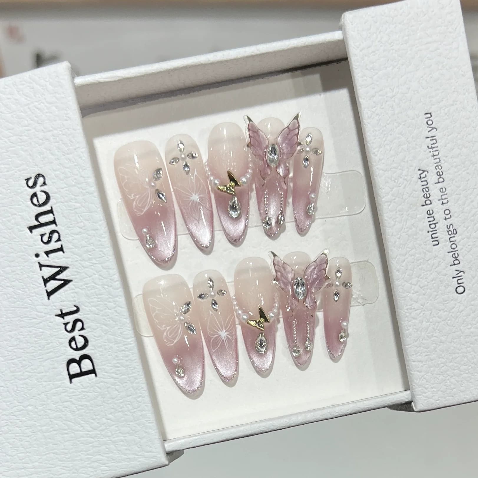 10 pezzi fatti a mano stampa sulle unghie papillon perla francese fiore 3D mandorla copertura completa acrilico unghie finte manicure indossabile artificiale