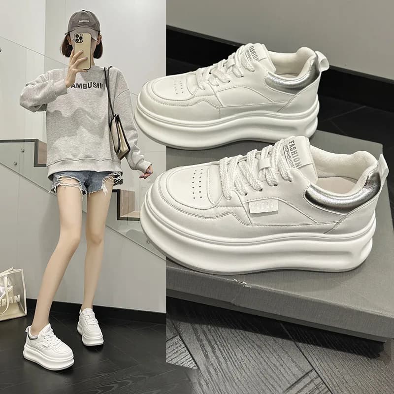 Spring New Shoes for Women Genuine Leather Casual Platform Shoes Girl Thick-soled Height Increasing Chunky Sneakers