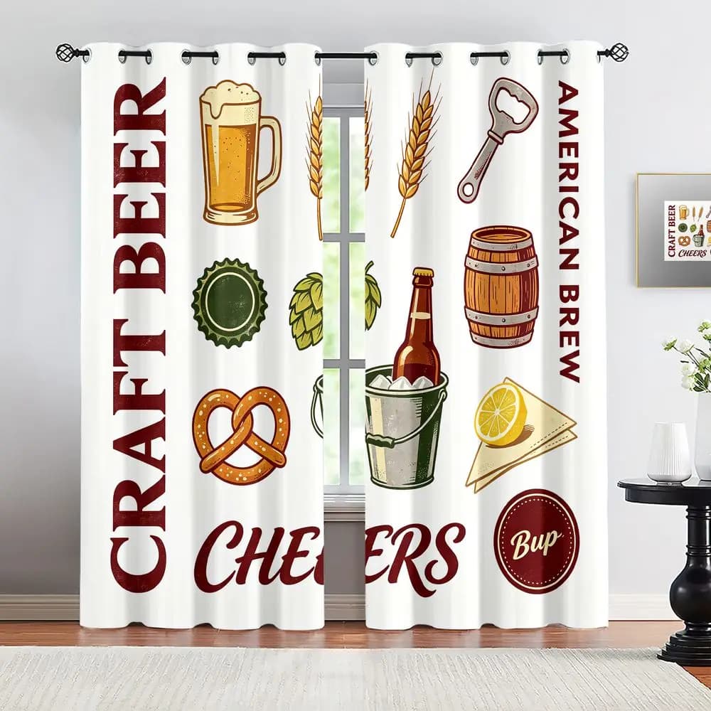 Vintage Craft Beer Theme Print Curtains, Rustic American Brewery Pub Style Window Drapes, Machine Washable Living Room Curtains