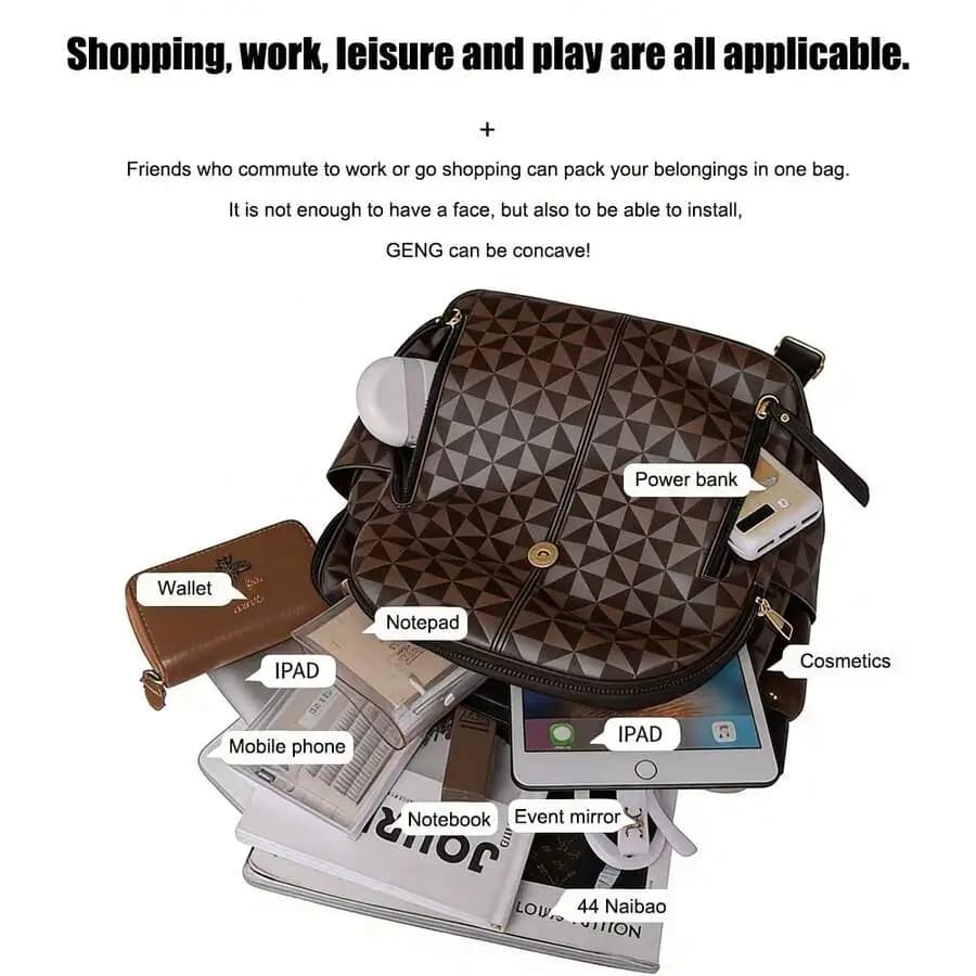 Retro Geometric Pattern Spacious Backpack For Women With Organizer Compartment And Headphone Port