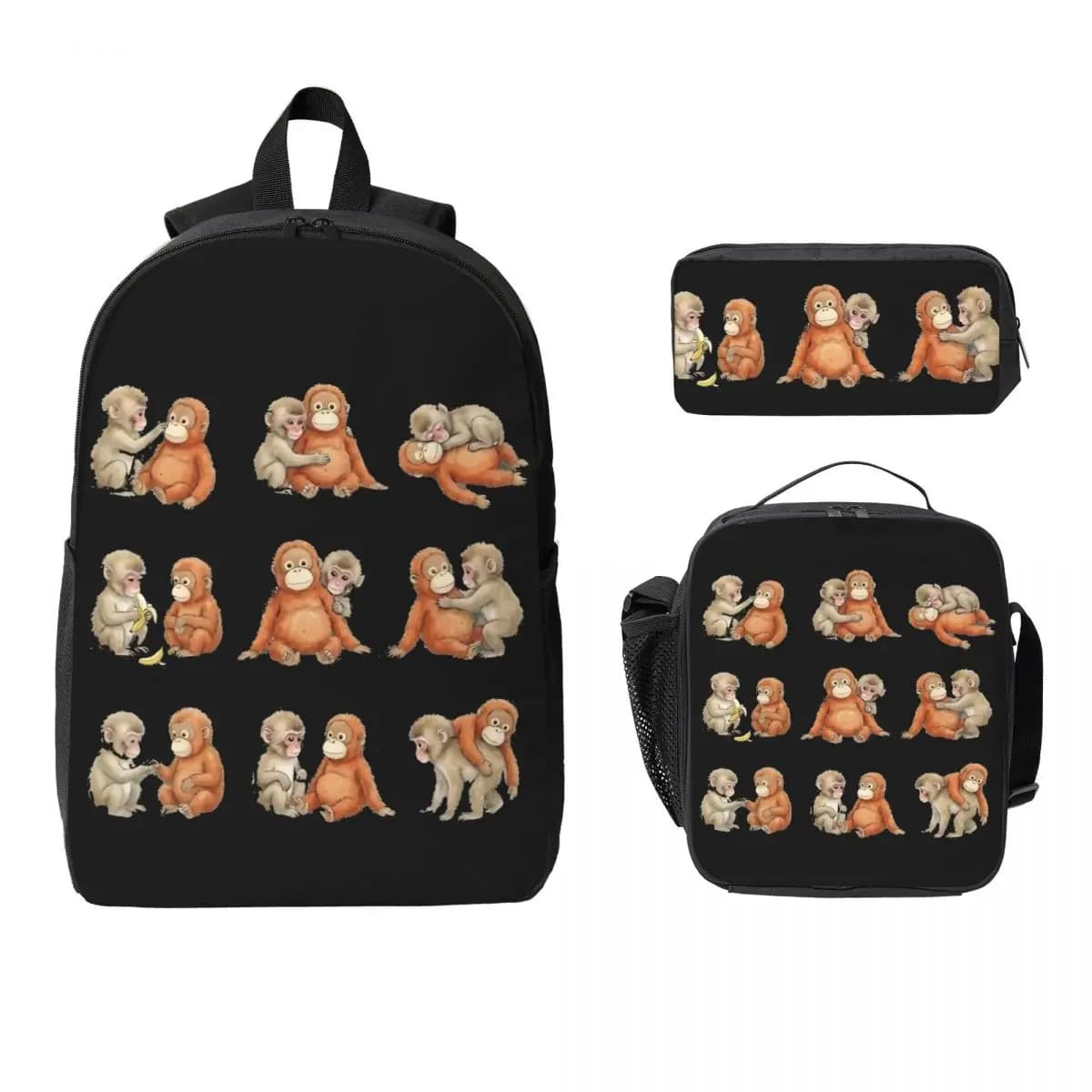 Baby Monkey Holding Plush Toy, Baby Monkey Punch Kids Backpack Lunch Box Pencil Boxes for Boys Girls Backpacks School bag Set