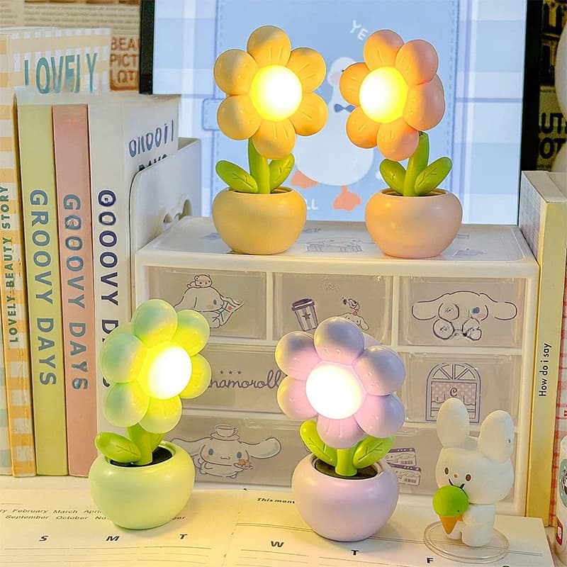 Mini LED floreale alimentato a batteria, luce notturna in vaso, ornamento da tavolo per camera da letto, scrivania, lampada da tavolo, regalo per bambini, comodino per camera dei bambini