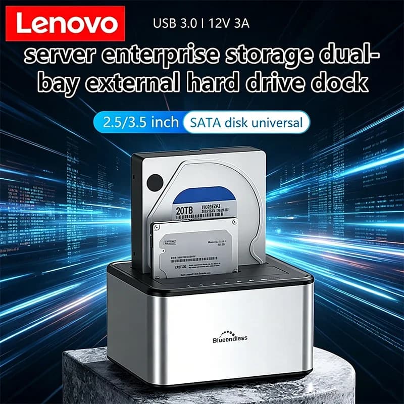 Docking Station Lenovo Dual Bay per HDD/SSD, Case per Clonazione Offline, Adattatore SATA a USB 3.0 per Duplicazione di Dischi SSD/HDD da 2.5 e 3.5 Pollici
