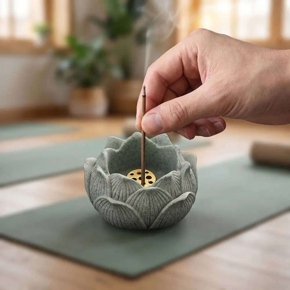 Green Sand Stone Lotus Incense Holder Flat Bottom Handmade Incense Stick Burner 9 Hole Incense Insert Lotus Shape