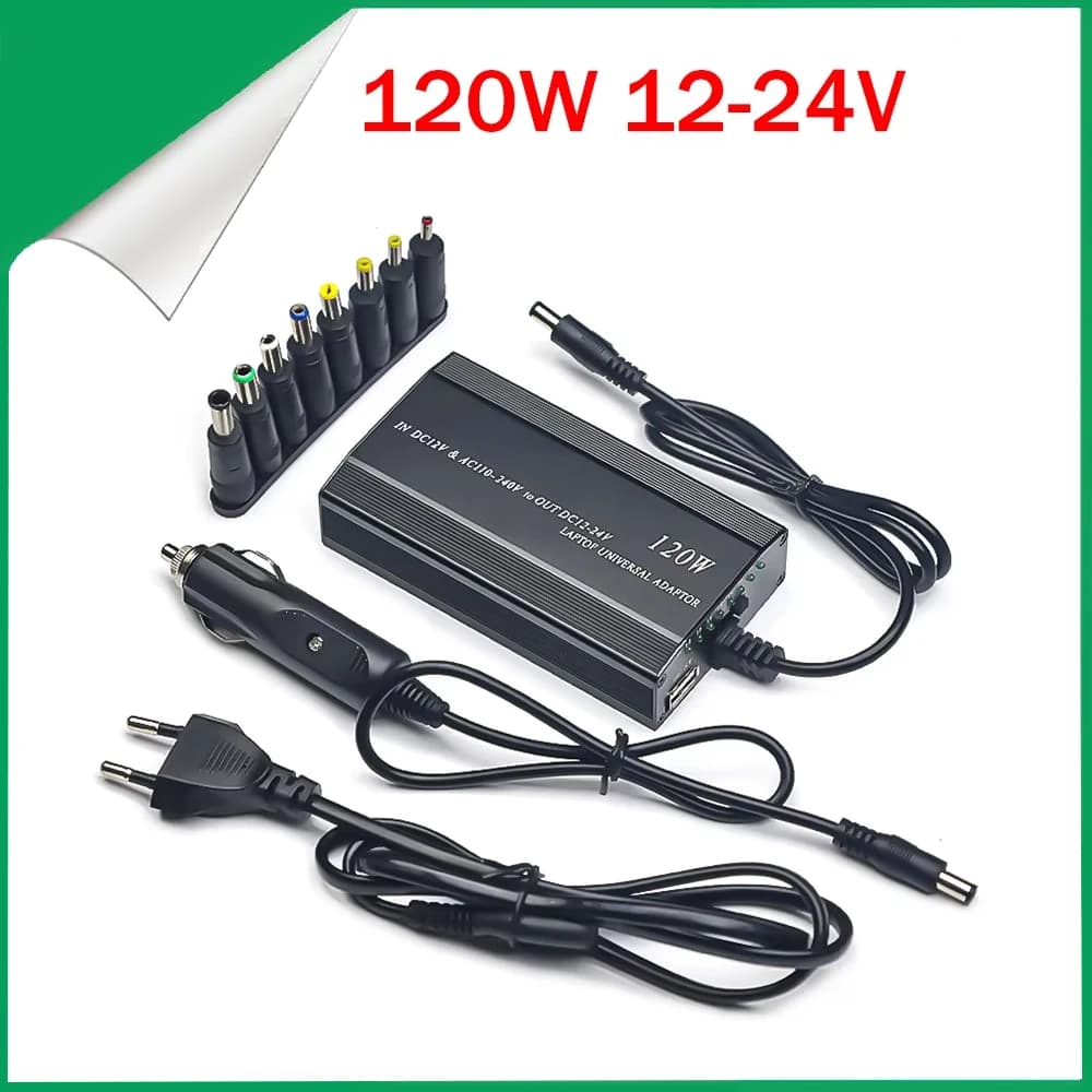 Caricabatterie Auto Universale Regolabile 120W 220v 110v a 12V 15V 16V 18V 19V 20V 22V 24V, Adattatore di Alimentazione AC DC con USB per Notebook