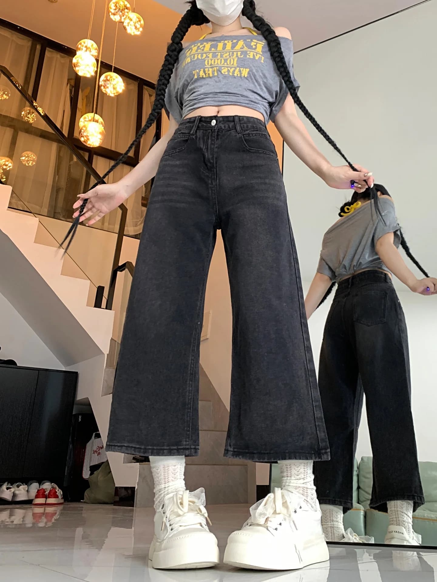 High waist denim jeans and large American style female leg, wide fit, straight leg, spring novelty, strong sizes, slender effect, Eighteen