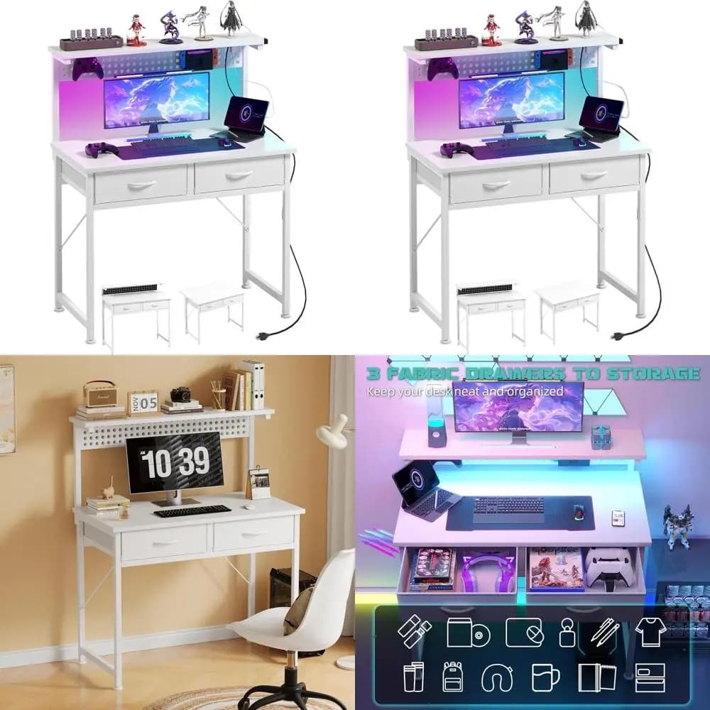 Piccola scrivania con cassetti, scrivania per computer da 31 pollici con presa di corrente e luce a LED, scrivania da gioco con supporto per monitor regolabile e Pegboa