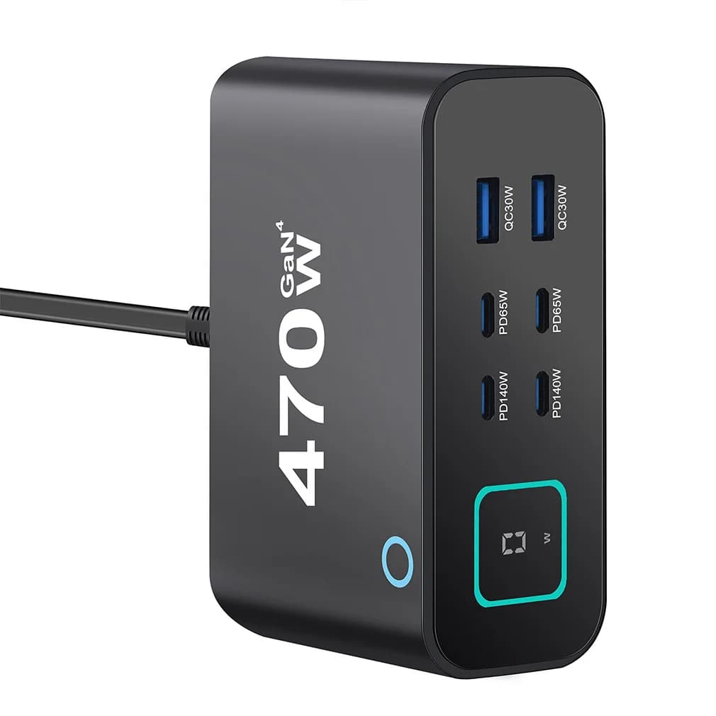 Caricatore GaN Ultra-Portatile da 470W con Display Digitale TFT, USB-C PD a 6 Porte (4C2A) per Ricarica Desktop di Telefoni e Tablet - Dropshipping