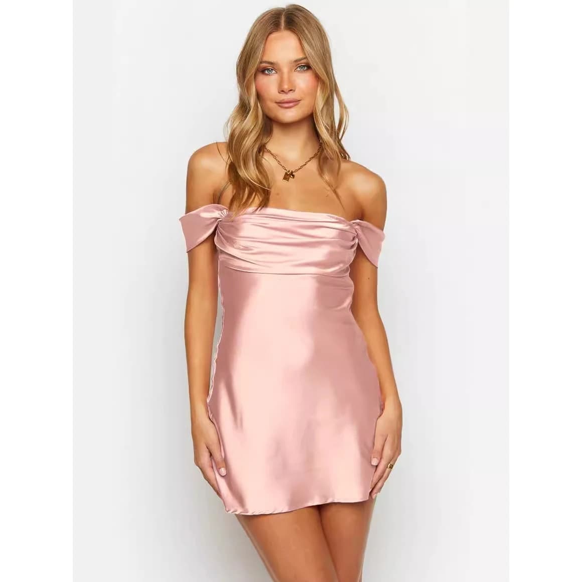 Summer 2024 Sexy One Shoulder Dress with Pleated Shoulder Sleeves A-Line Short Skirt Elegant Commute Style Satin Fabric