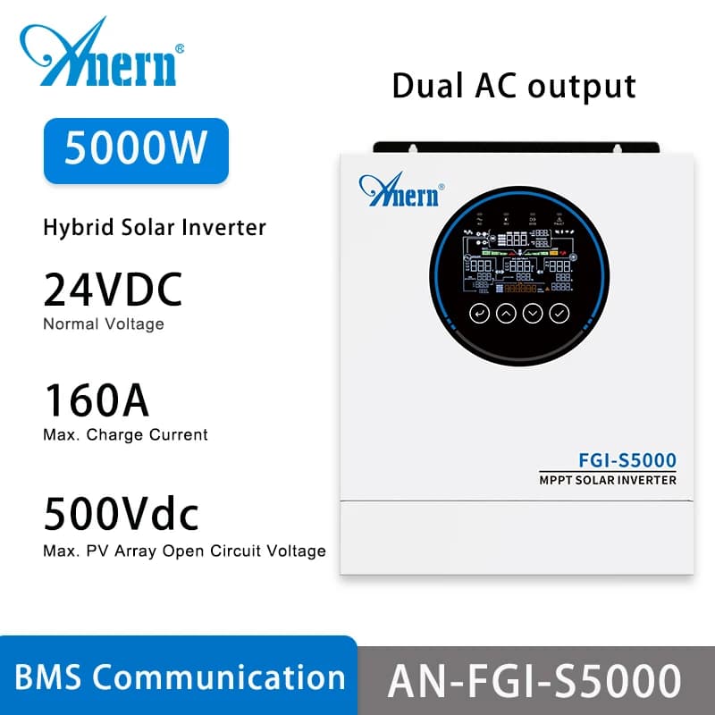 Anern 5KW 6.5KW Inverter ibrido 24V 48V Doppia uscita CA MPPT 160A 120A Invertitori solari Max PV 500Vdc per litio e piombo-acido