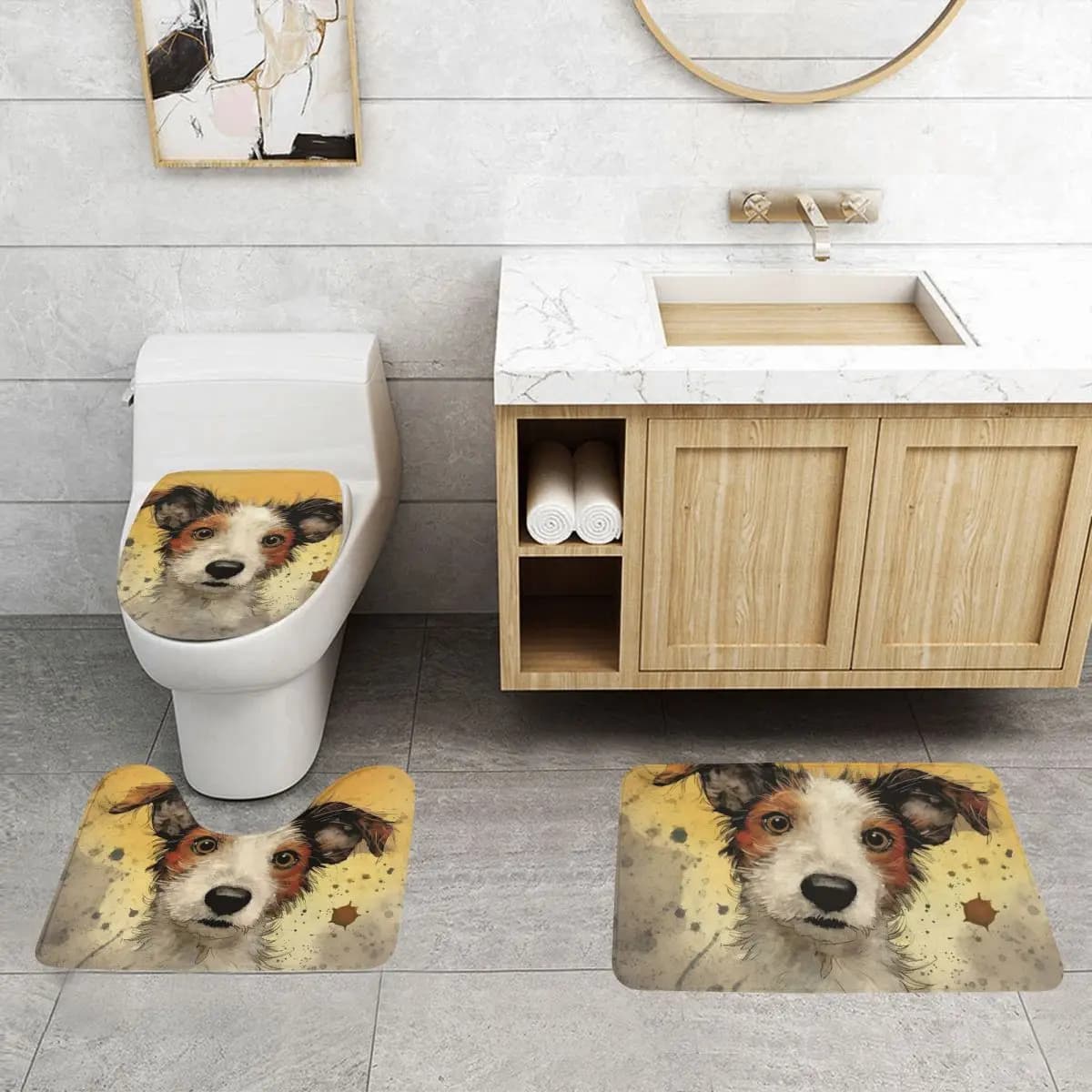 Dog Jack Russell Terrier (2) Tappetino da bagno 3 pezzi Set da bagno Copriwater Decorazioni per la casa Tappeto antiscivolo