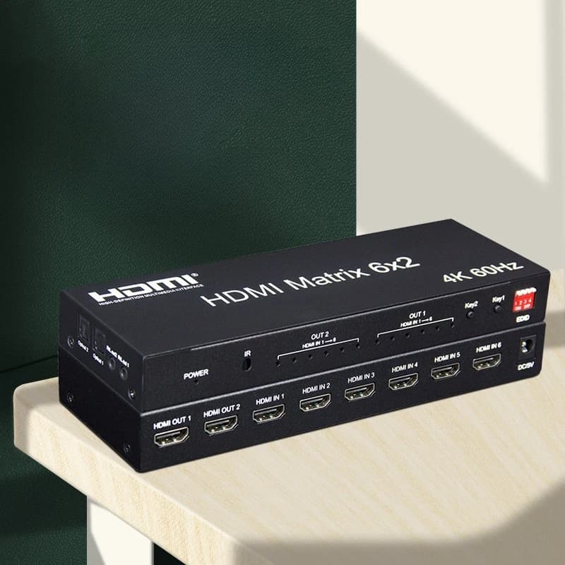 4K 60Hz 6x2 HD Matrix Switch 6 in 2 out Matrix HDTV Switch Splitter with Optical R/L Audio Extractor Video Switcher Converter
