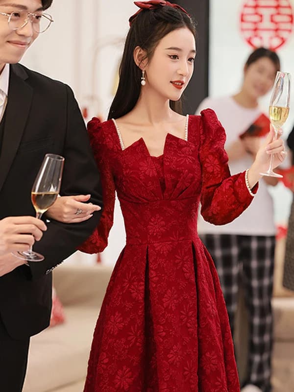 plus Size Wedding Dress Long Sleeve Slimming Elegant Evening Gown for Heavy Women 200 Pounds Korean Style mid Waist Zipper Back