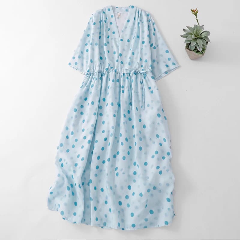 Women's V-neck Polka Dot Print Dress Short Sleeve Drawstring Waist Belt Summer New Style Elegant Long Dress Cotton Blend