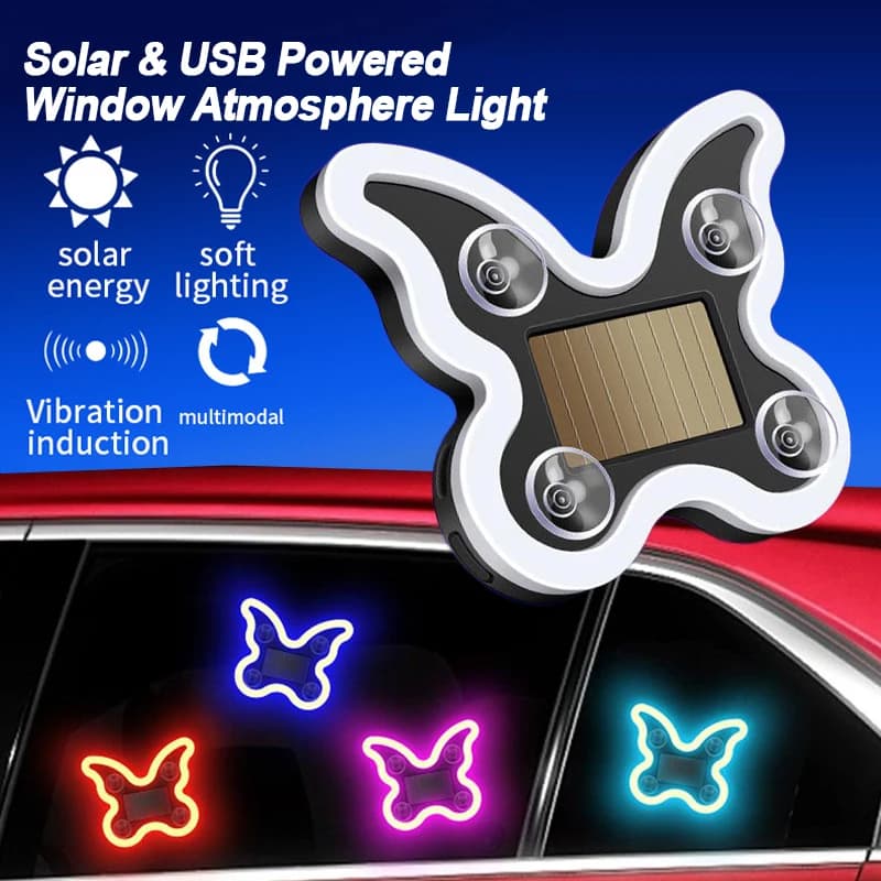 Lampada a Farfalla Alimentata USB 5V e Solare, Luce LED Neon Senza Fili, Lampada di Avvertimento per Finestre, Luce Decorativa con Sensore Notturno e di Vibrazione