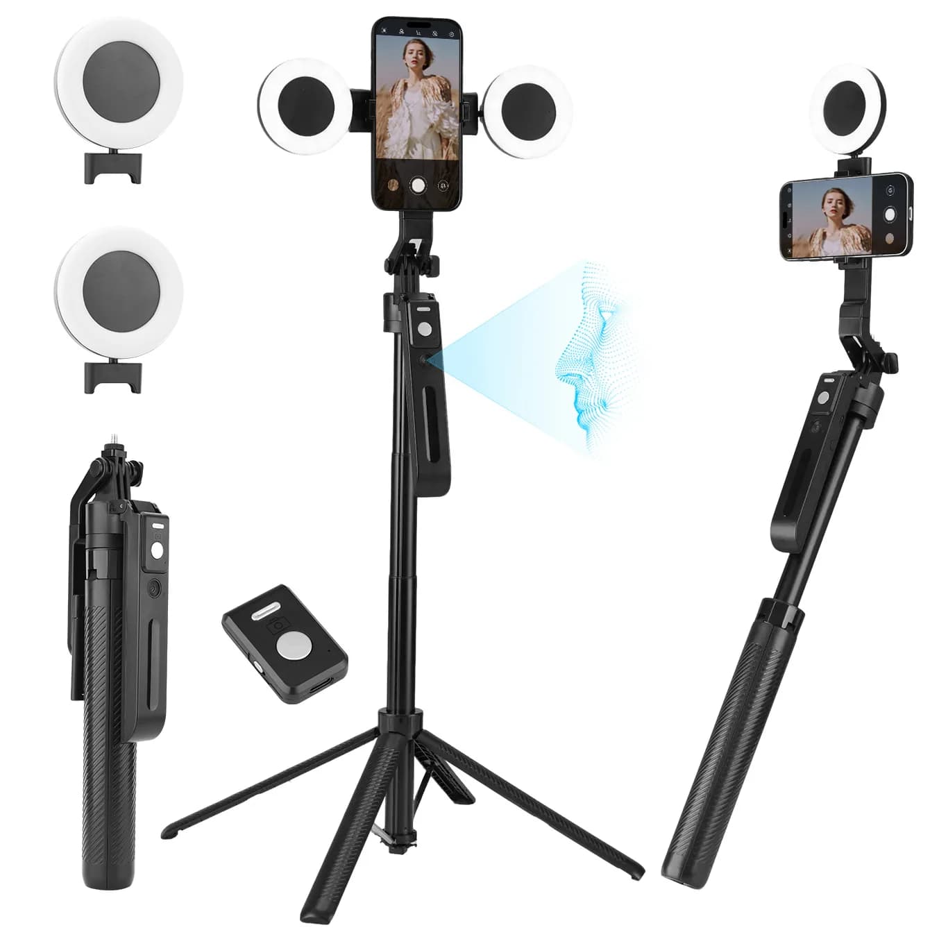 New Treppiede Selfie Stick AI 2025, 360° Face Detection. Multifunction phone support with remote control and filling light, adjustable height, robust base