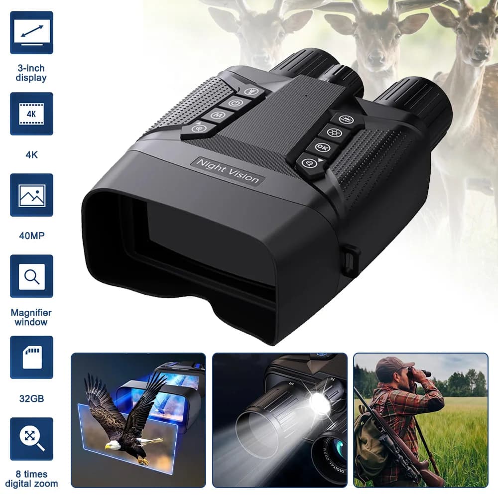 NVHUNT CZ080 Telescopio binoculare tattico a infrarossi 4K UHD 40MP 600M Binocolo Visione notturna Caccia Trail camera Zoom digitale 8X