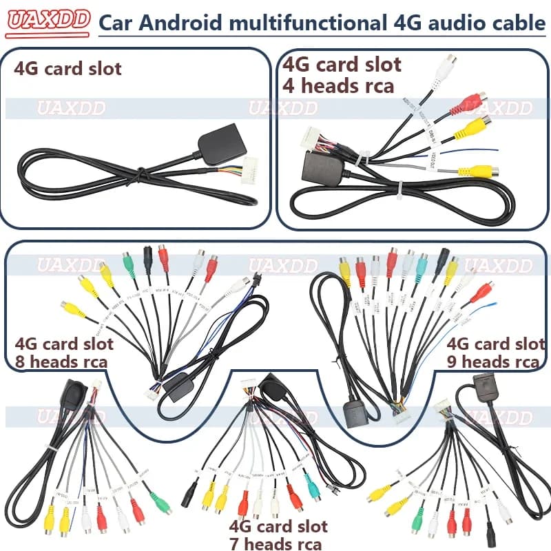 Cavo audio RCA 2 Din Cablaggio cavo Android per auto Jack per microfono Presa di alimentazione ventola SUB WOOFER Slot per scheda 4G Lettore video multimediale