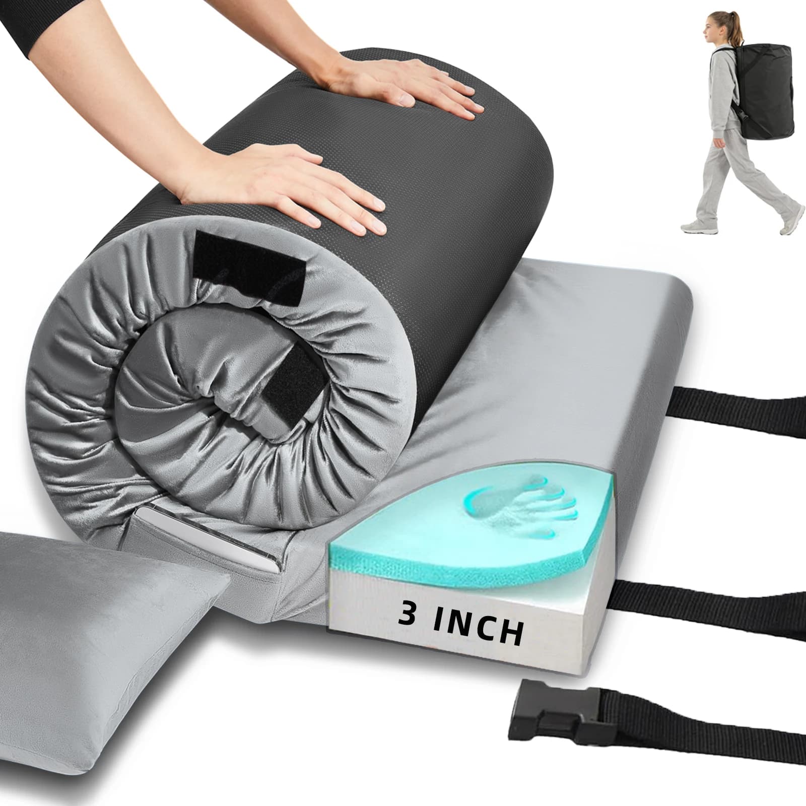 3.1 inch memory foam camping mattress, cot mattresses, single small portable foam rollable mattresses for camping sleeping