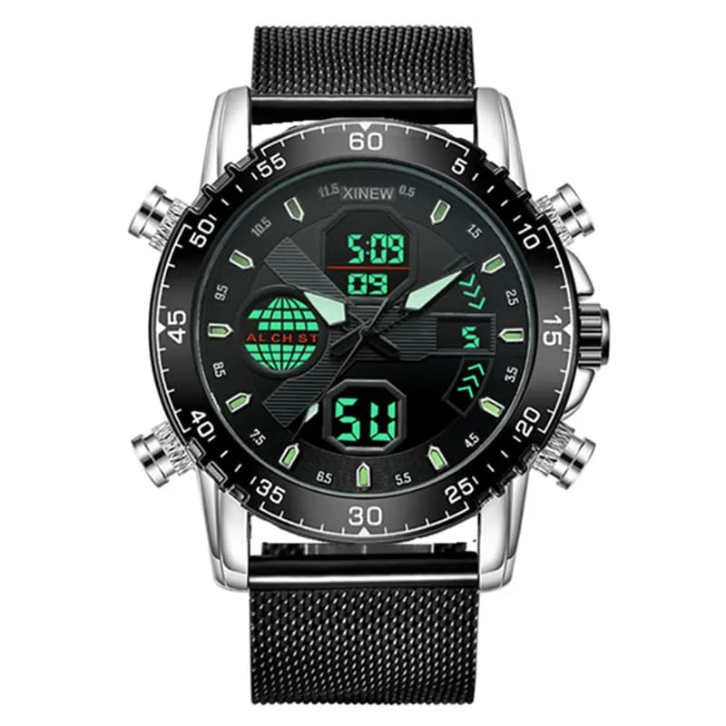 Original XINEW Brand Dual Time Watches for Men Sports Chronograph Watch with Fashion Black Relogio Masculino Full Stainless Steel Strap