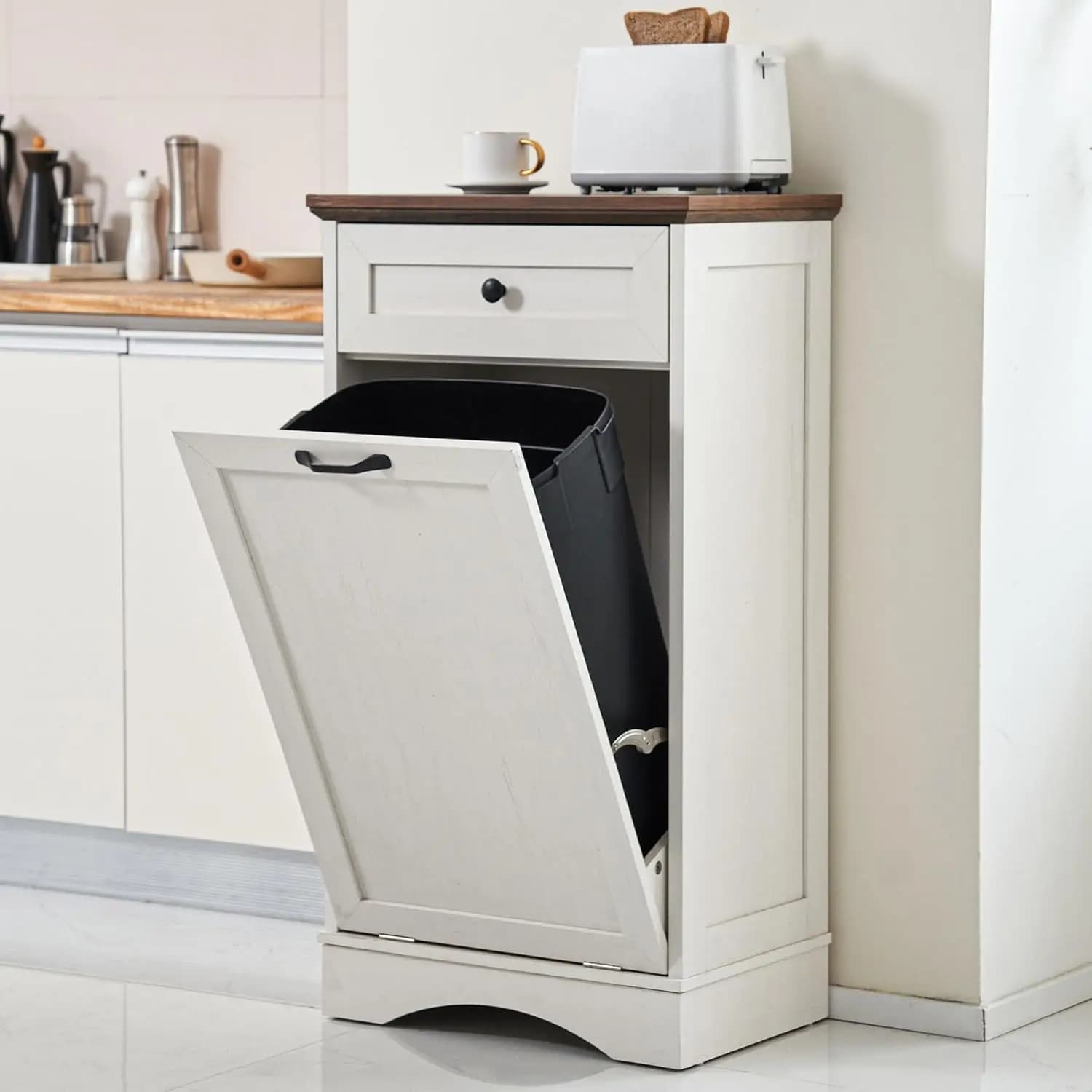 Mobiletto per Rifiuti da 13 Galloni con Apertura a Ribalta, Armadietto Autoportante per Cucina, Contenitore in Legno per Rifiuti e Riciclo, Personalizzabile