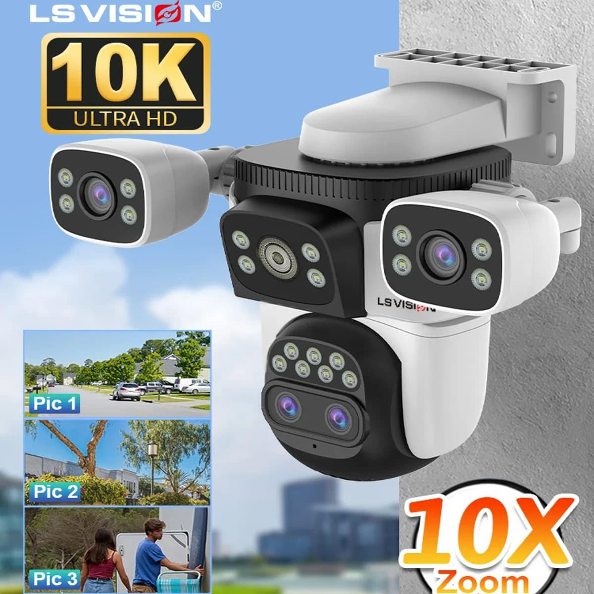 Telecamera di sicurezza WiFi LS VISION 35MP a tre schermi, PTZ per esterni con zoom ottico 10X, tracciamento automatico, videosorveglianza CCTV.