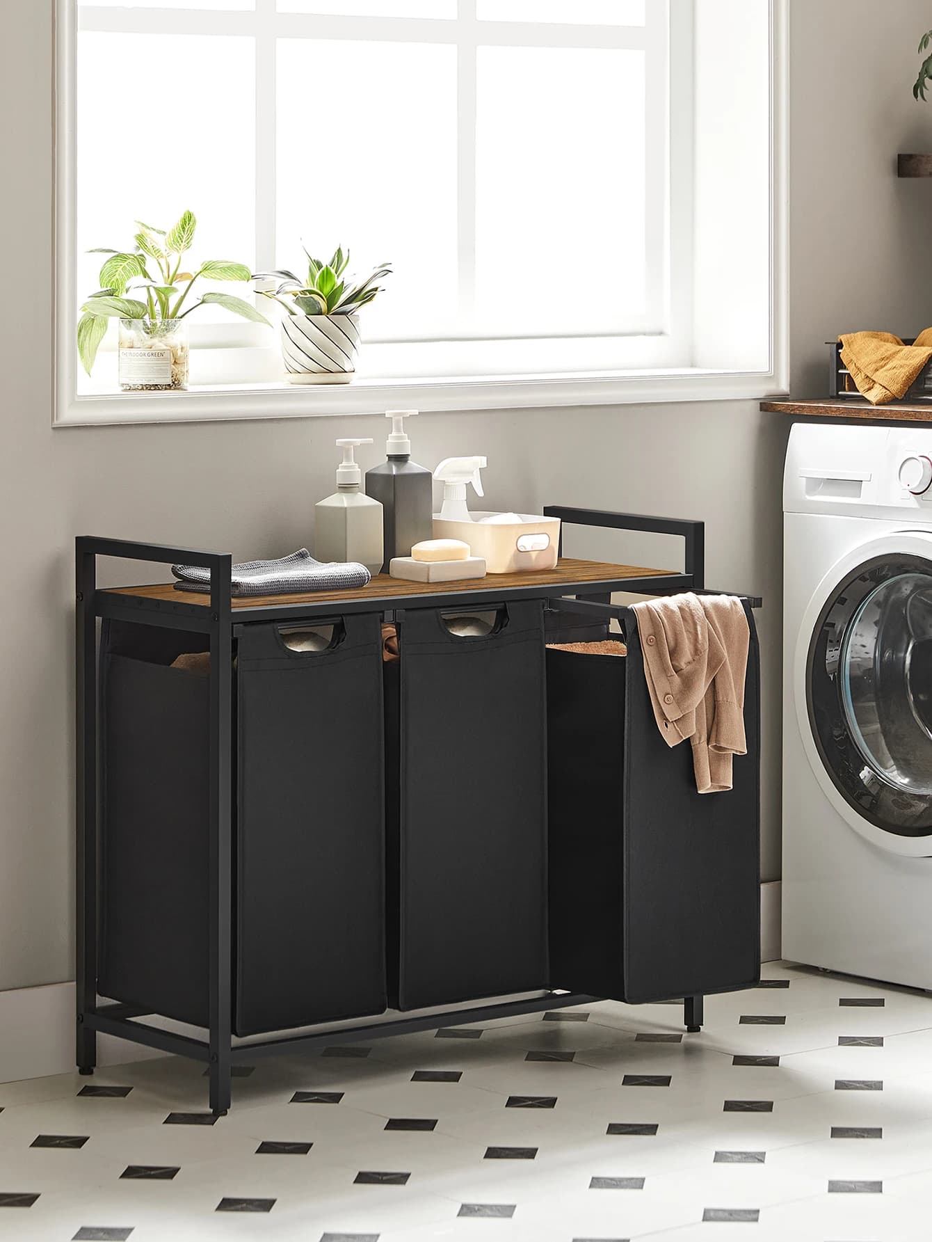 Basket for linen, basket for linen, with 3 removable and removable bags, 1 shelf, black/brown