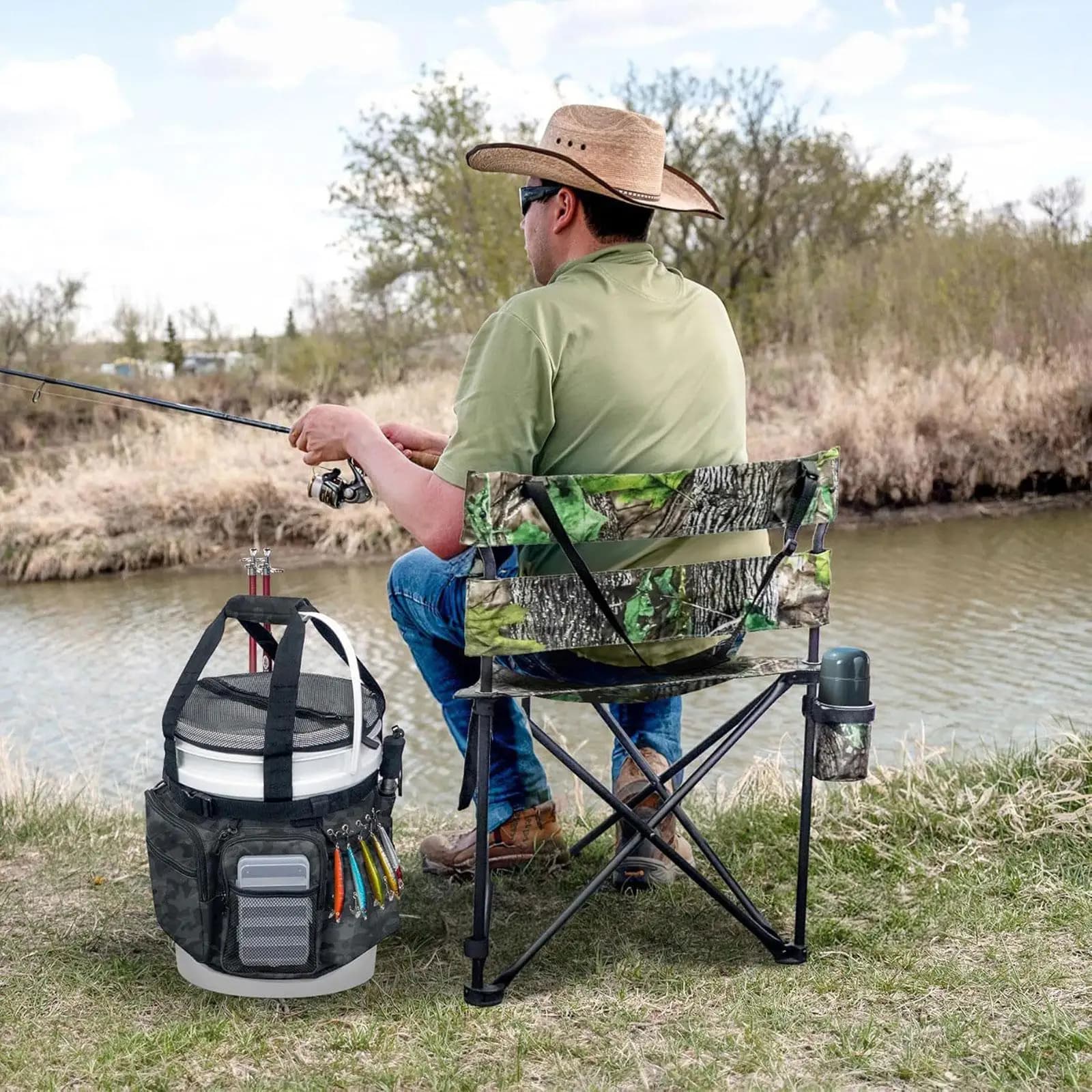 Durable Organizer in Oxford for Bucket, Multipurpose Box for Fishing Equipment for Bucket from 5 Gallons, Cane Door and Grips, Fishing Bag