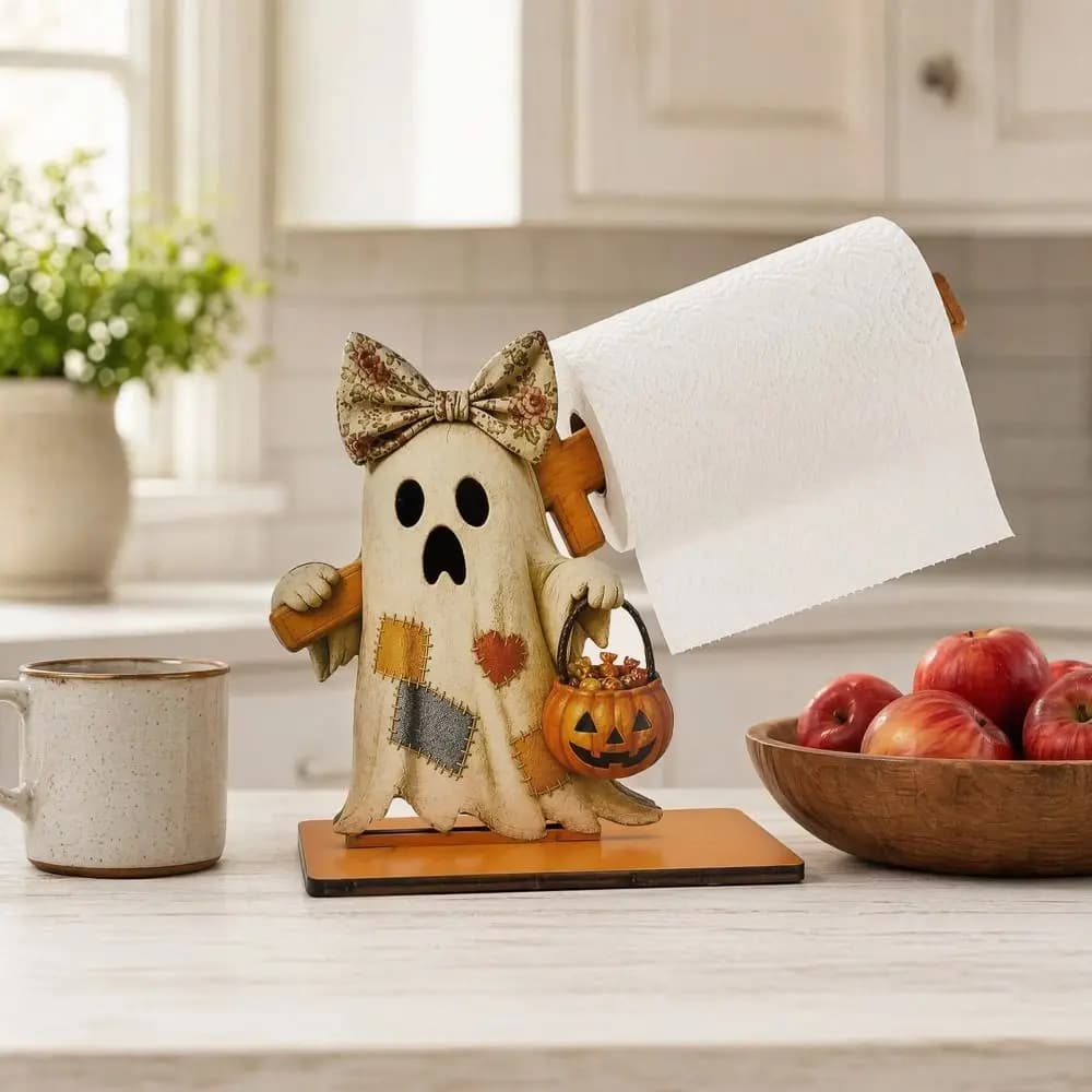 Wooden Toilet Paper Holder Cute Ghost Style Sturdy Construction Freestanding Tissue Holder Space Saving Easy Installation