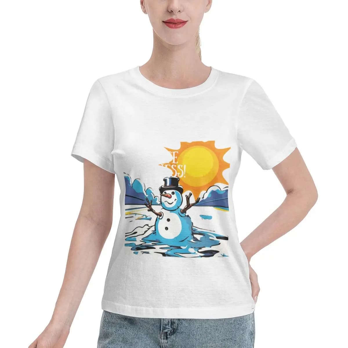 No Shrink Climate Pop Art Snowman Melting Under Climate Pop Culture Whimsical Women's T-shirt Spring Outfit Basic Tops For Women