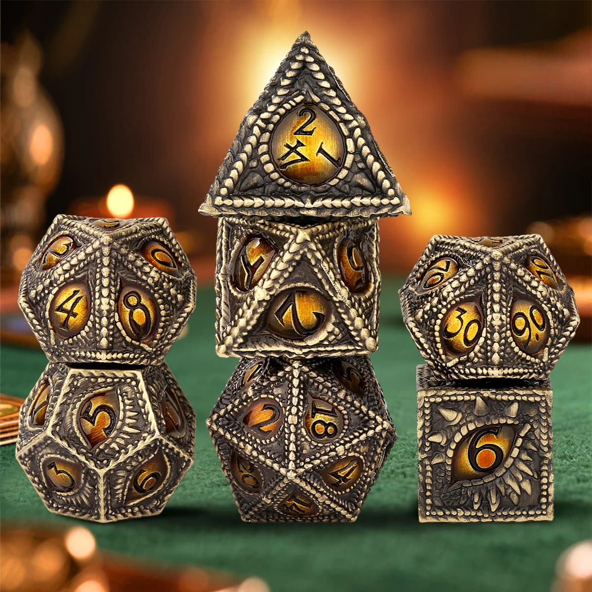 7Pcs Retro Bronze Metal Polyhedral Dice Set Dragon Amber Eye Patterns Multi‑Sided Dice for Tabletop RPG Party Board Games