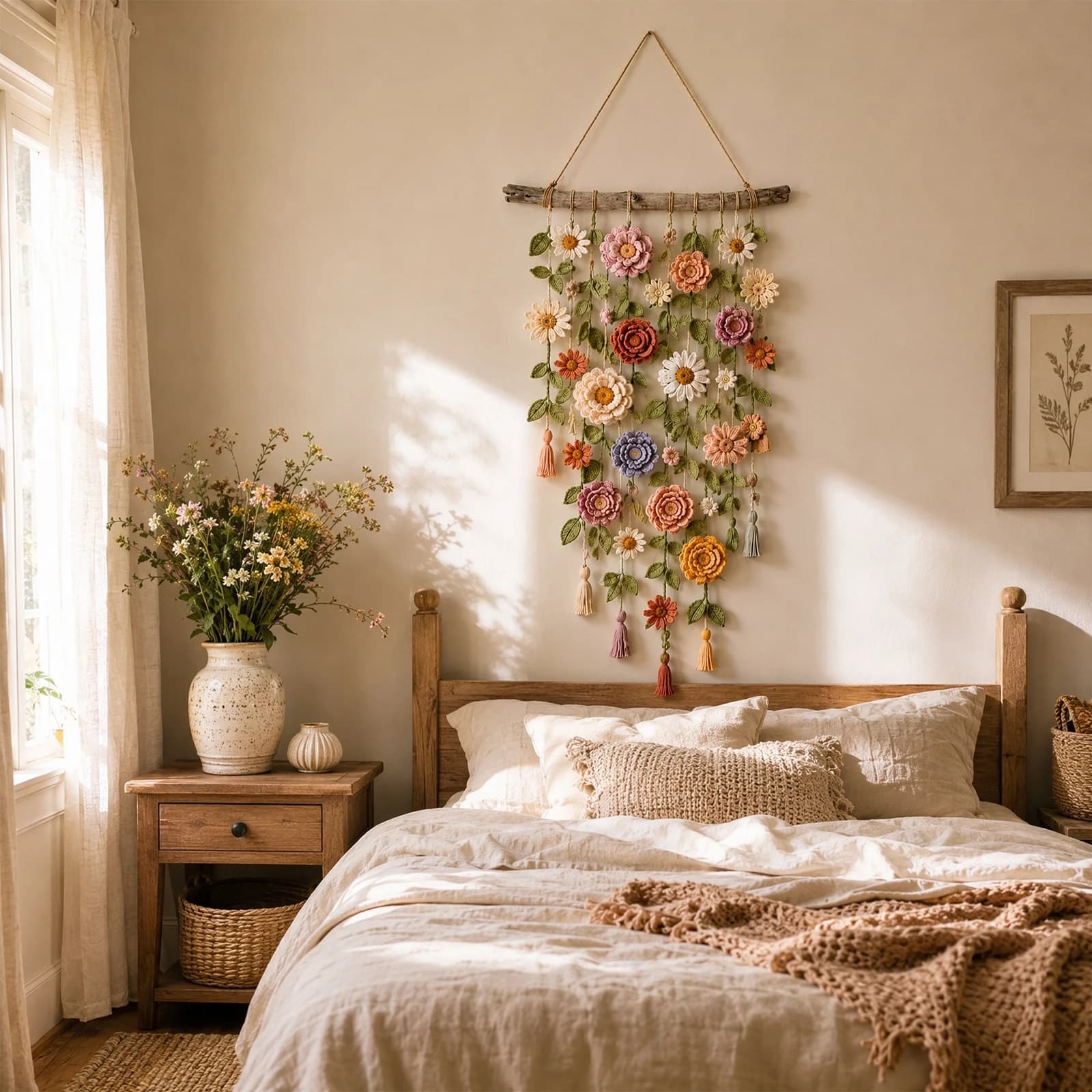 Handmade Cotton Floral Crochet Macrame Hanging Cascading Flower Bohemian Garden Decor Boho Farmhouse Indoor Wall Art Ornament