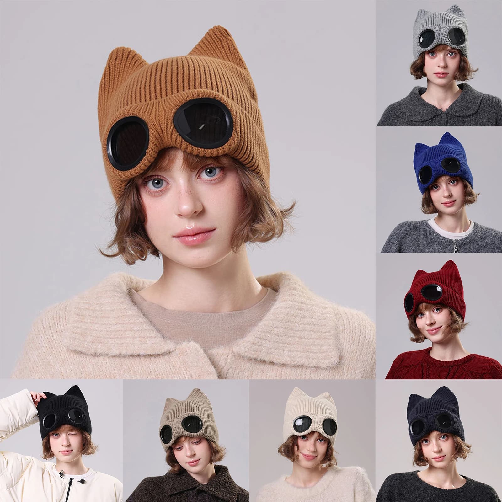 New Fashion Outdoor Occhiali Berretto da sci lavorato a maglia Orecchie carine Visiera parasole Street Dance Cappelli per adolescenti Occhiali da pilota Uomo Donna Berretto da baseball
