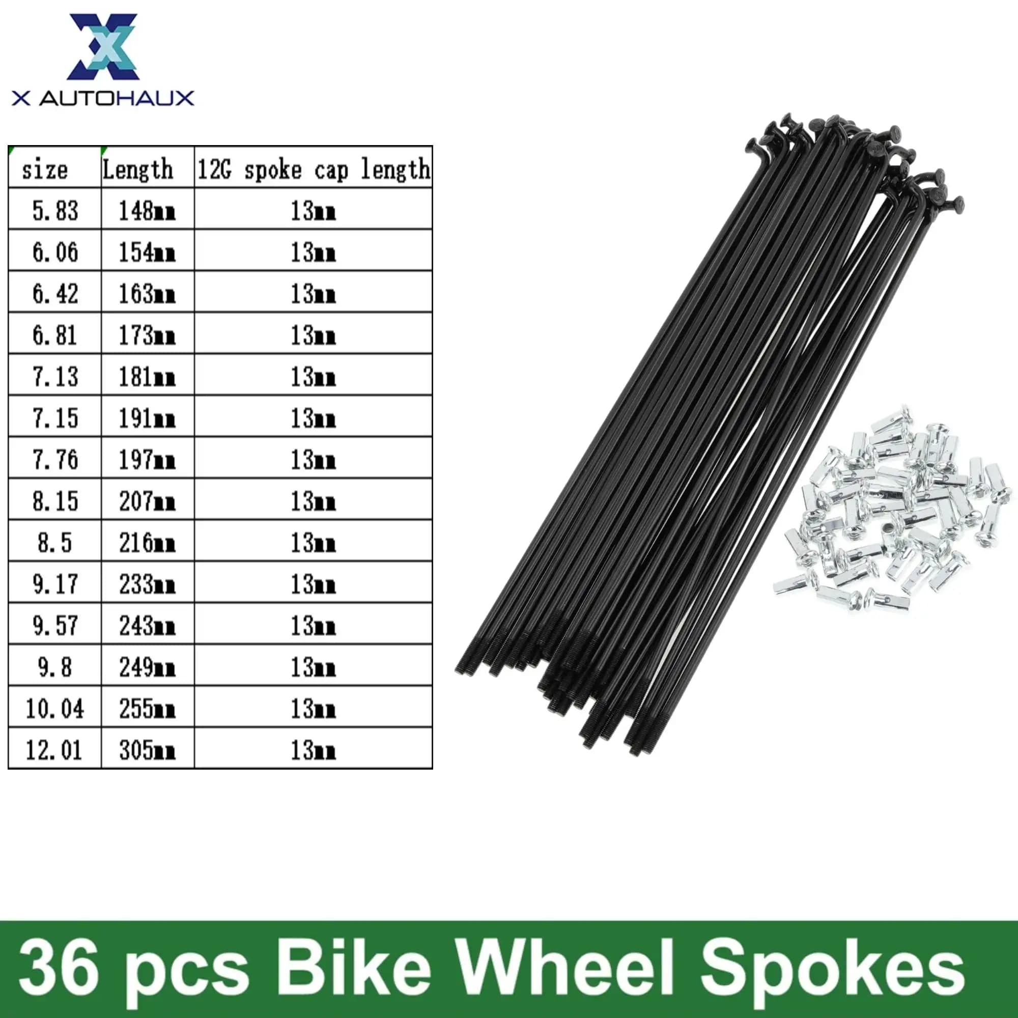 X Autohaux Kit per raggi per bicicletta 12G 148mm 154mm 163mm 173mm-305mm Lunghezza Raggio per ruota bici con capezzoli Acciaio al carbonio Nero 36 pezzi