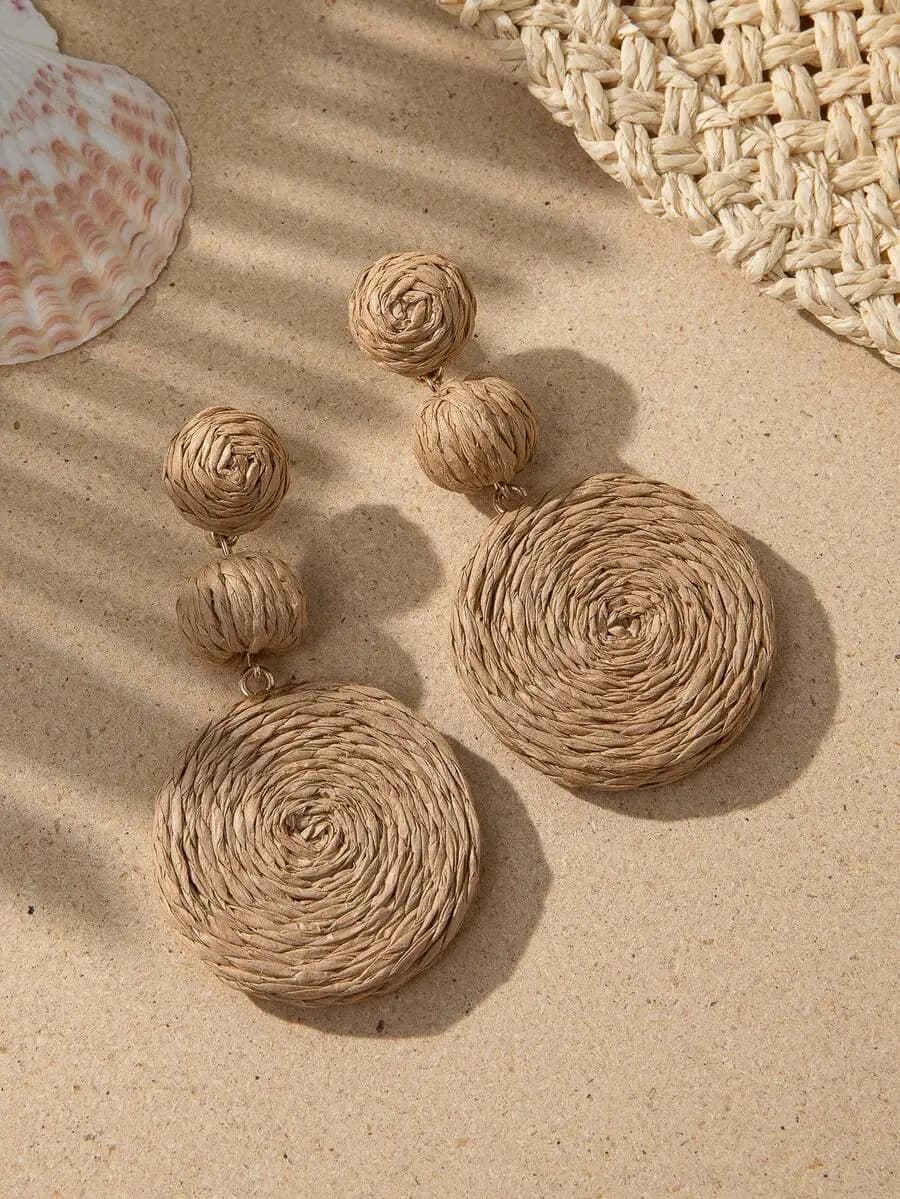 1 Pair Bohemian Style Raffia Round Pendant Earrings, Beach Resort Eardrops