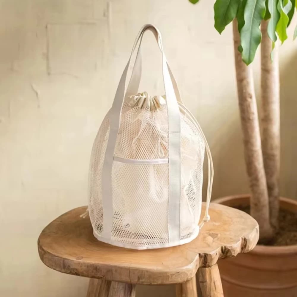 Large Capacity Travel Foldable Mesh Nylon Casual Drawstring Rope Bundle Pocket Swim Washing Bag for Toys Towel Flip Flops Light