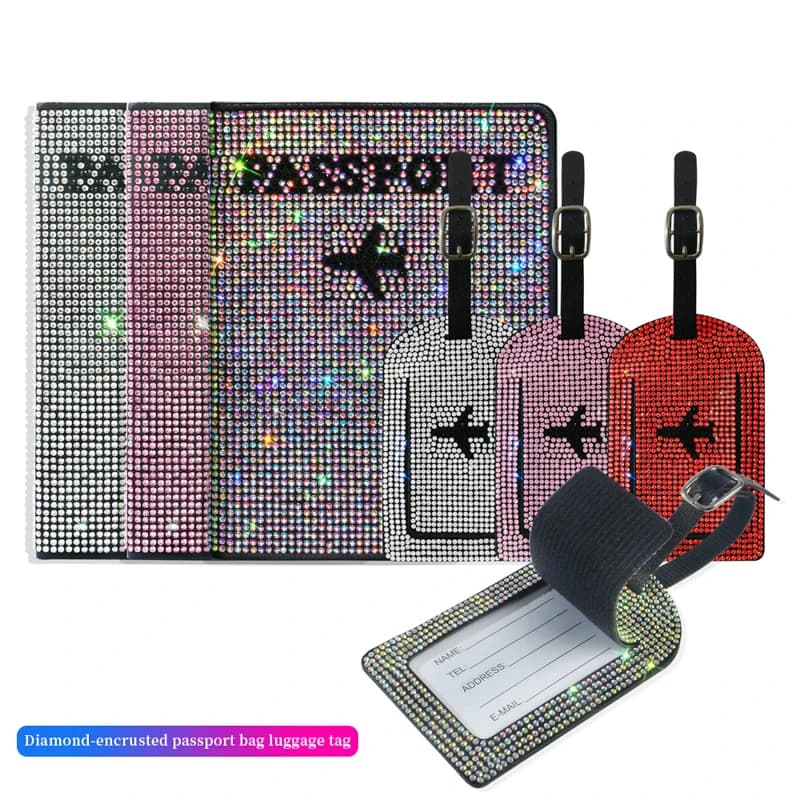 Set da donna con diamanti in cristallo, borsa per chiavi per auto, porta passaporto, copri targhe, etichette identificative per bagagli, collezione di etichette per bagagli