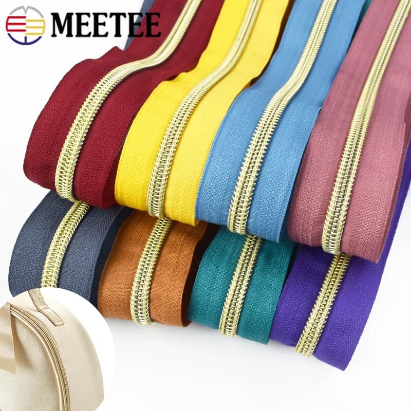 10/20M Meetee 5 # Cerniere in nylon con denti dorati Nastri Cerniera continua per cucire kit di riparazione con cerniera per indumenti Borse Rotolo di cerniera di ricambio