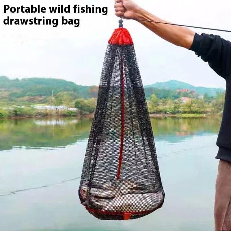 【W】Borsa a rete da pesca pieghevole, attrezzatura da pesca, reti a maglia piccola rinforzate, borsa a rete per pesci vivi con chiusura a coulisse, per la pesca