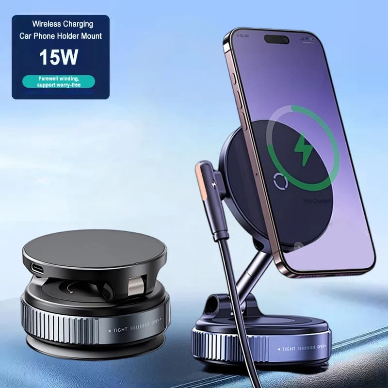 Supporto magnetico per telefono K007S con rotazione a 360 gradi, pieghevole, con caricatore wireless e ventosa per cruscotto auto
