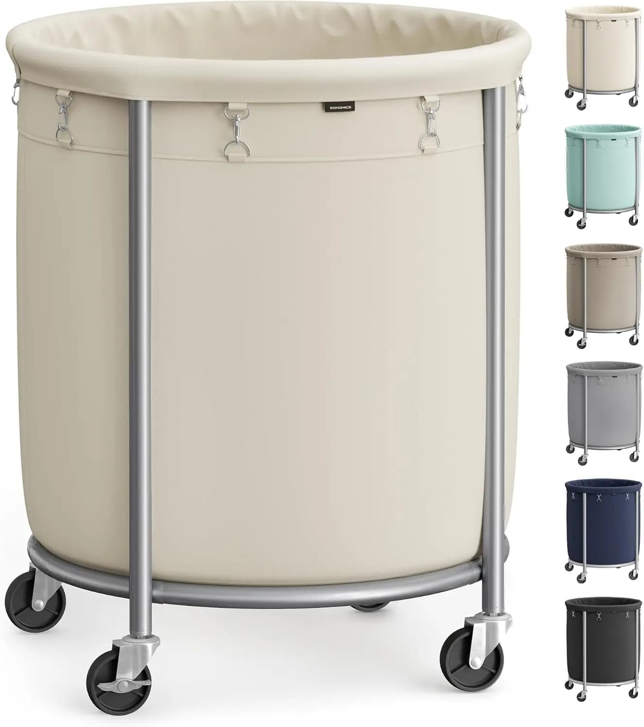Basket with Wheels of 50.2 Gallons, Trolley Wallet Resistant, Steel Frame, Removable Bag, White Cream and Silver