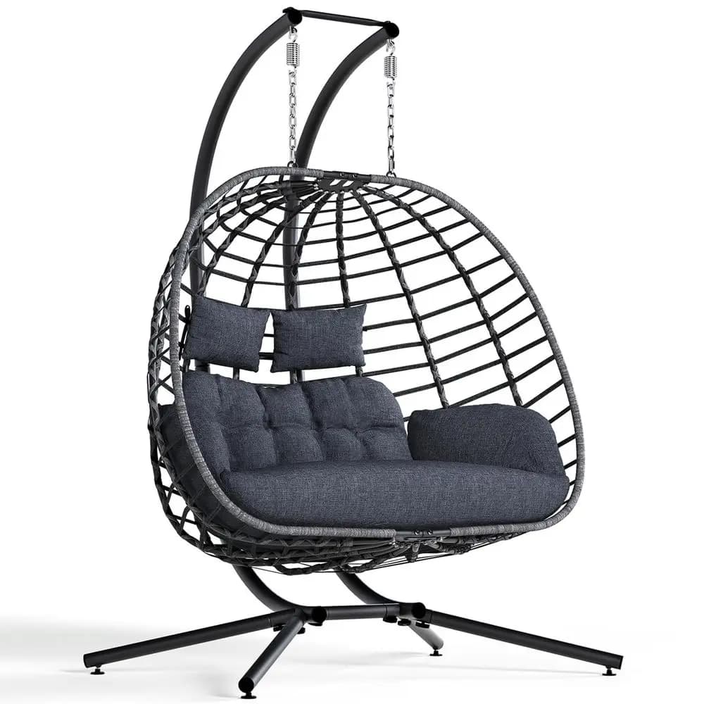 Sedia a dondolo doppia a forma di uovo con supporto, amaca sospesa in vimini per 2 persone da esterno con cuscino per interni, camera da letto, giardino