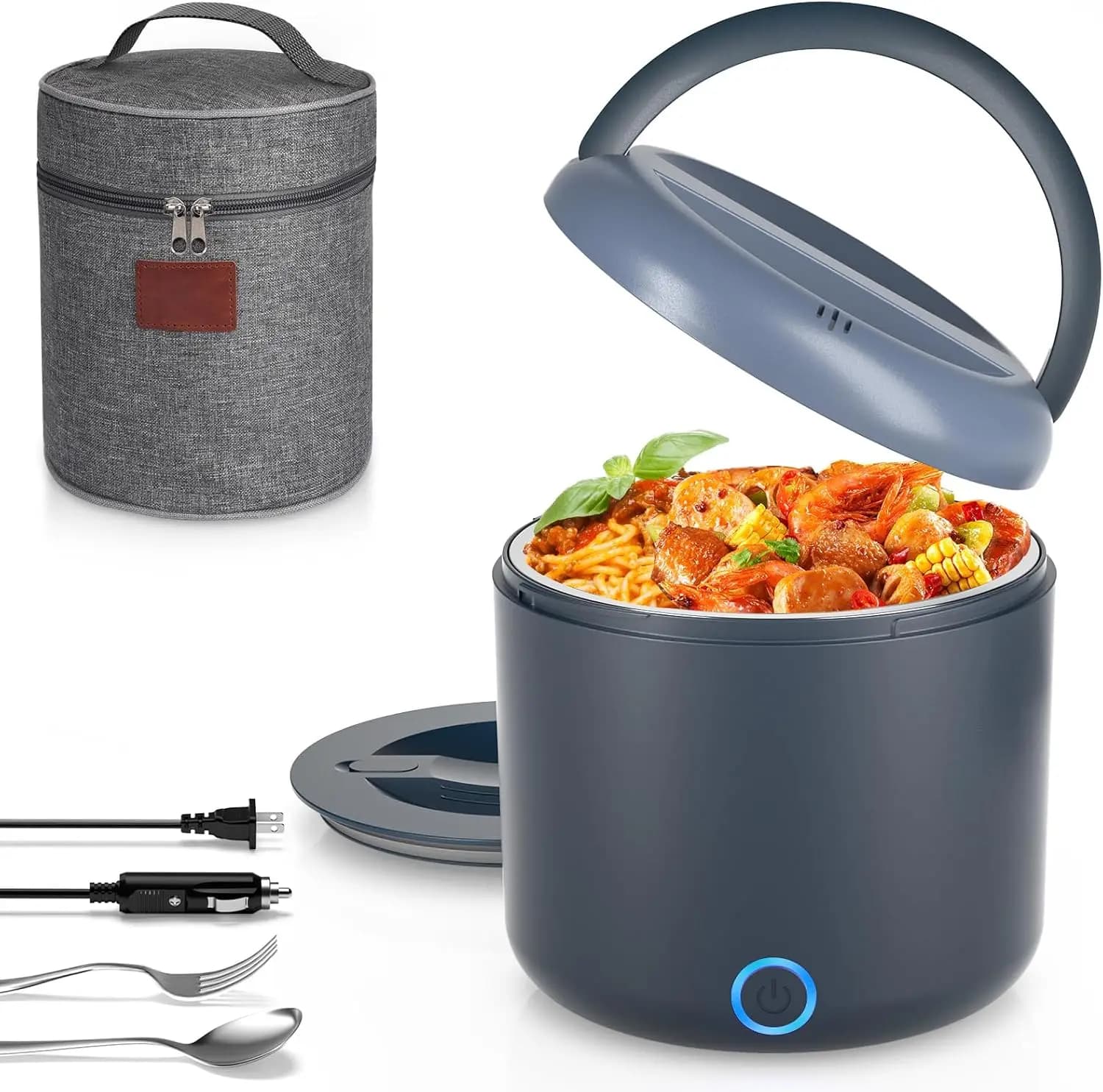 Lunch Box elettrico 1.2L, 100W a riscaldamento rapido, scaldabagno portatile 12V/24V/110V, acciaio inossidabile 304, blu grigio