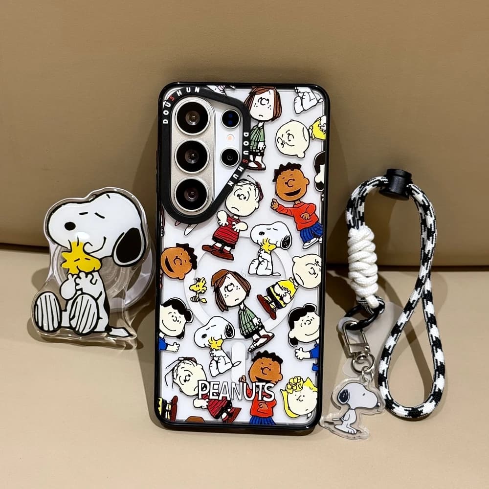 Cute Cartoon Snoopy Charlie Brown Magnetic Holder Magsafe Wireless Charge Phone Case For Samsung Galaxy S 26 25 24 23 Ultra Puls