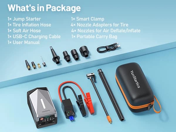 Heavy Duty Long Lasting 3-in-1 Car Jump Starter, Tire Inflator & Air Blower with sturdy wear-resistant casing, digital display, LED lamp, anti-reverse clips, stable emergency power for 12V vehicle roadside repair and prolonged outdoor camping scenarios