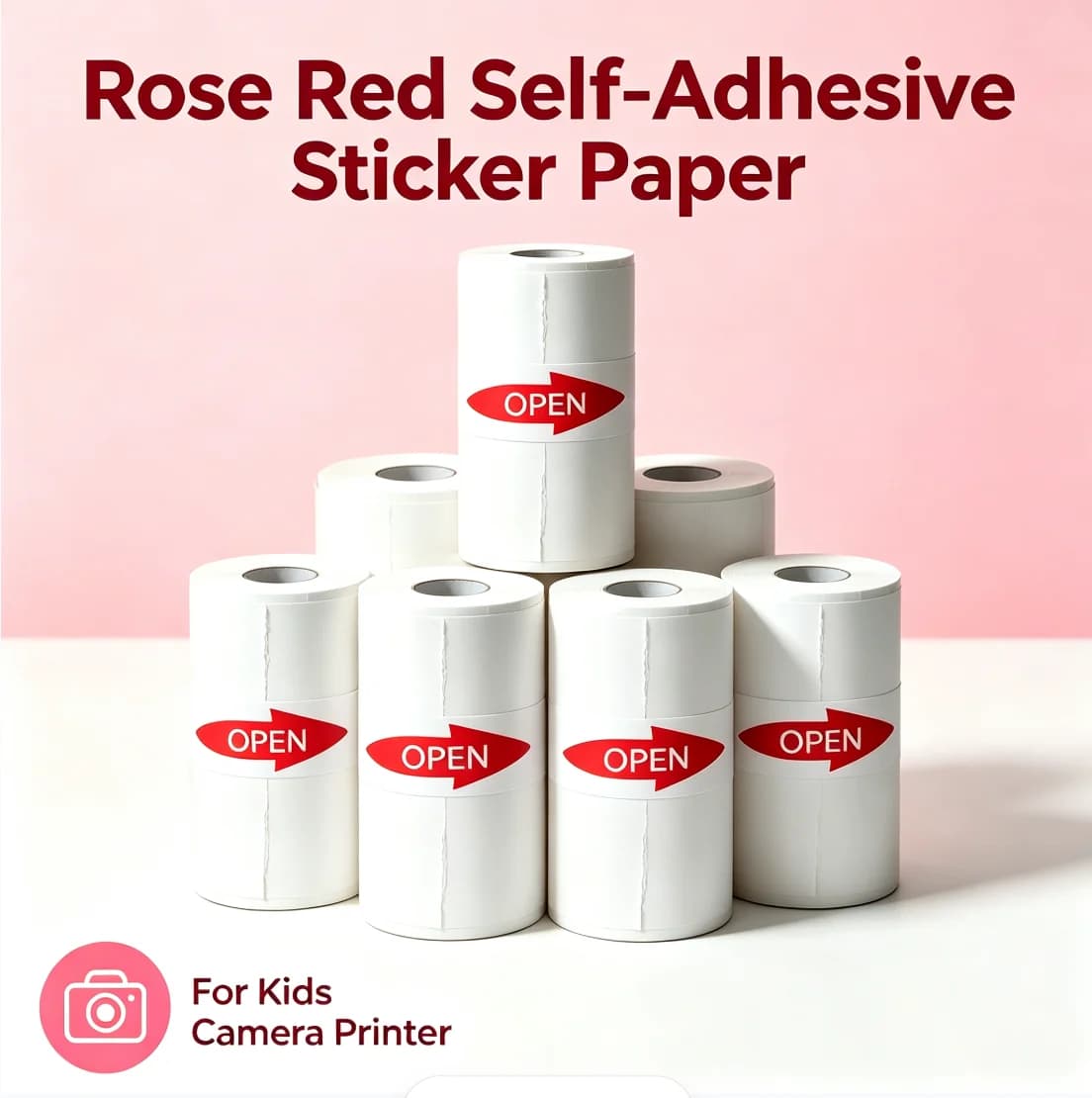 Rose Red Self-Adhesive Thermal Sticker Paper 5 Rolls – 57mm Printable Sticker for Kids Instant Camera Printer Mini Pocket Printe