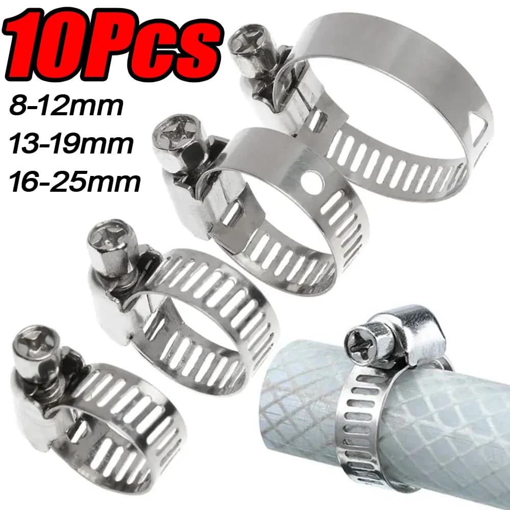10Pcs Hose Clips Pipe Clamps Stainless Steel Hoop Clamp Hose 304 Stainless Steel Automotive Pipes Clip Fixed Tool 8-25mm