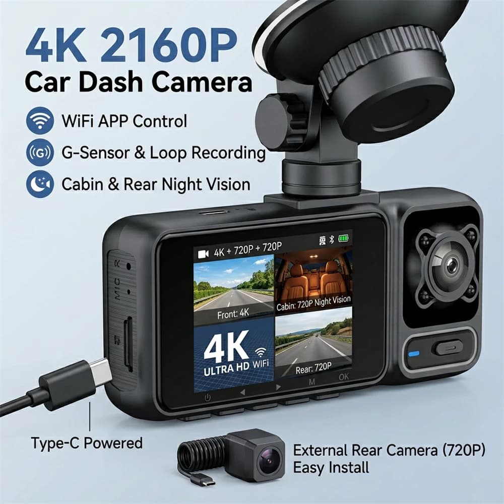 Dash Cam 4K a 3 Obiettivi con WiFi, DVR per Auto con Telecamera Anteriore, Interna e Posteriore, Registratore Video UHD 2160P, Sensore G Allwinner, Monitoraggio Parcheggio 24H